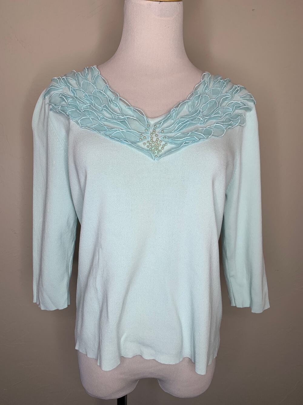 Blue Aqua V Neck Sweater Embellished Neckline Pearls Sz Medium